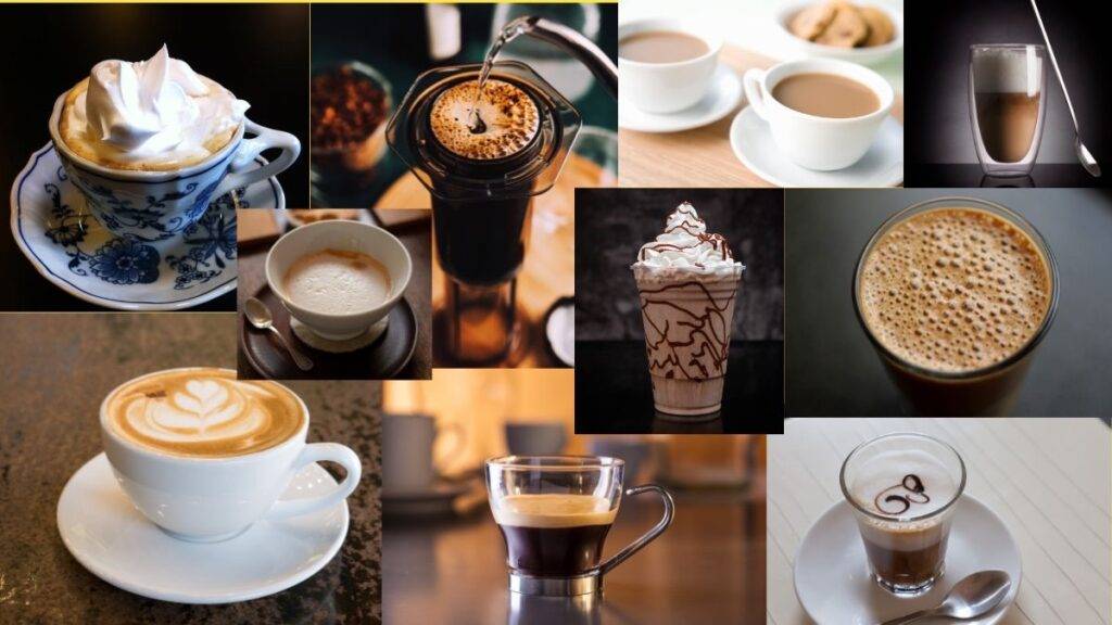 Zusammenstellung verschiedener Kaffeespezialitäten aus Europa von der Wiener Melange bis zum portugiesischen Galão