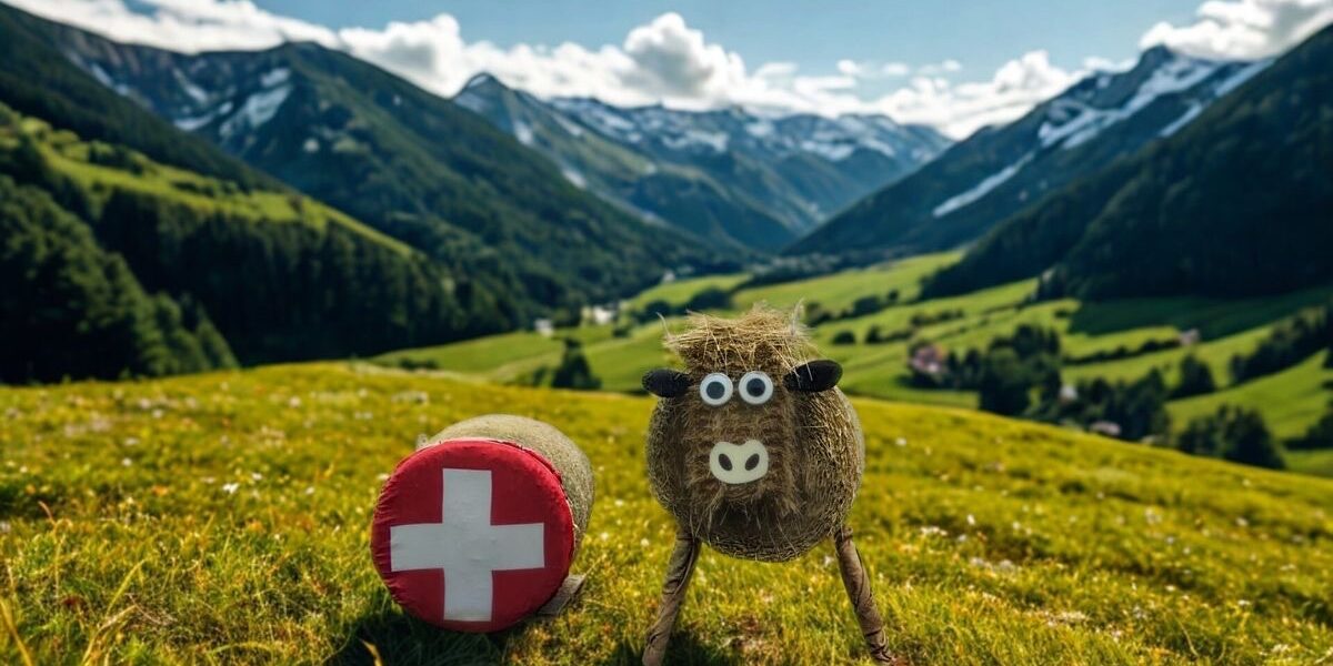 Schweiz Berglandschaft mit Wiese und Heuballen mit Schweizer Fahne und Kuh