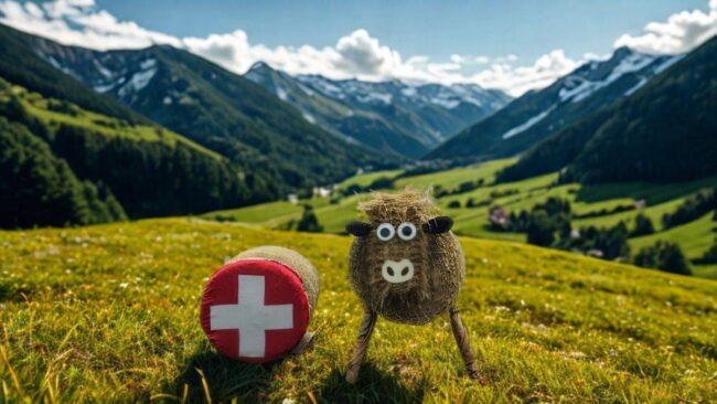 Schweiz Berglandschaft mit Wiese und Heuballen mit Schweizer Fahne und Kuh