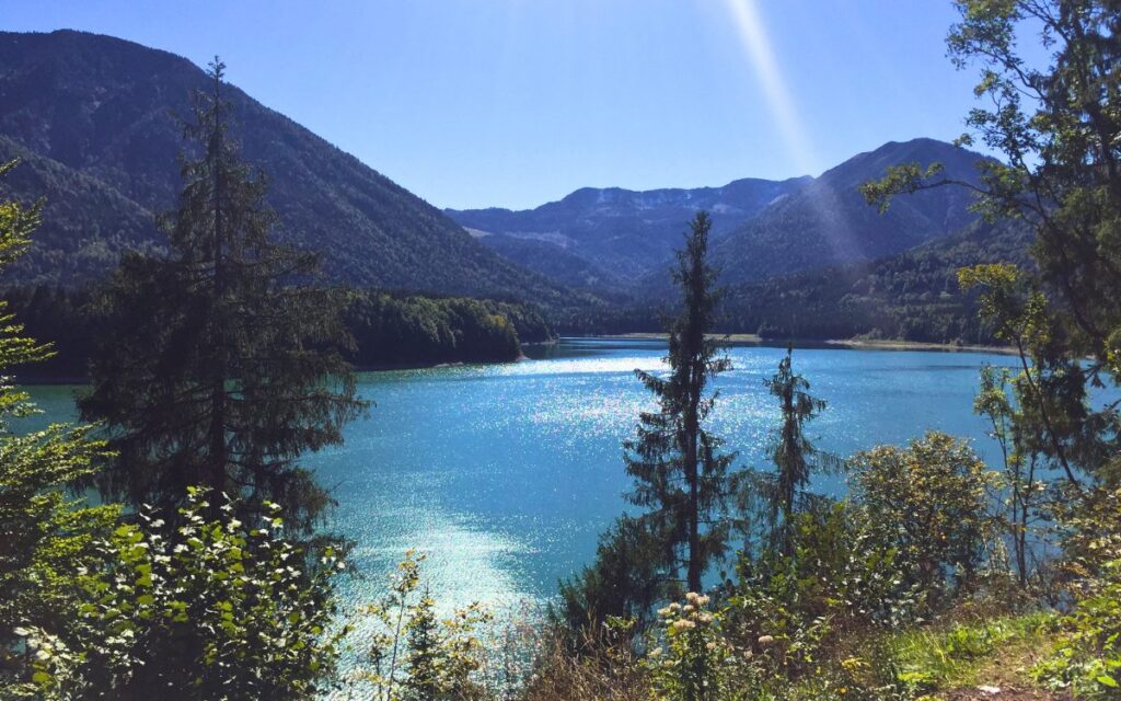 Bergpanorama am Walchensee an der Deutschen Alpenstraße mit klarem Wasser und Alpenblick