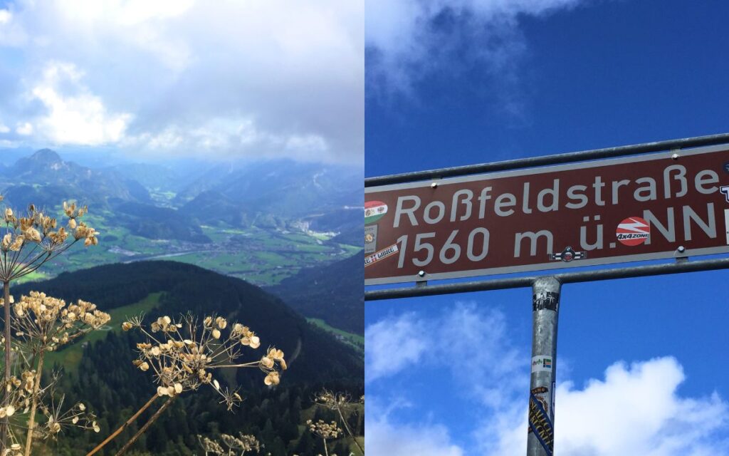 Ausblick auf die Rossfeld Panoramastraße im Berchtesgadener Land bei blauem Himmel, die höchste Ringstraße Deutschlands für Wohnmobile und PKW.