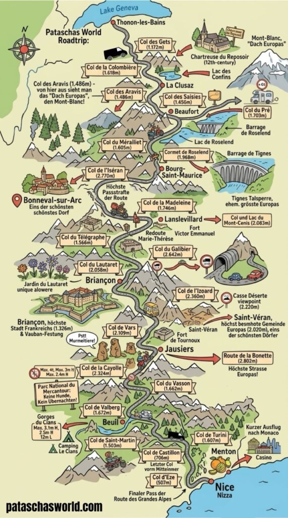 Komplette Karte mit allen Infos zum Roadtrip der Route des Grandes Alpes in Frankreich im Comic Stil.