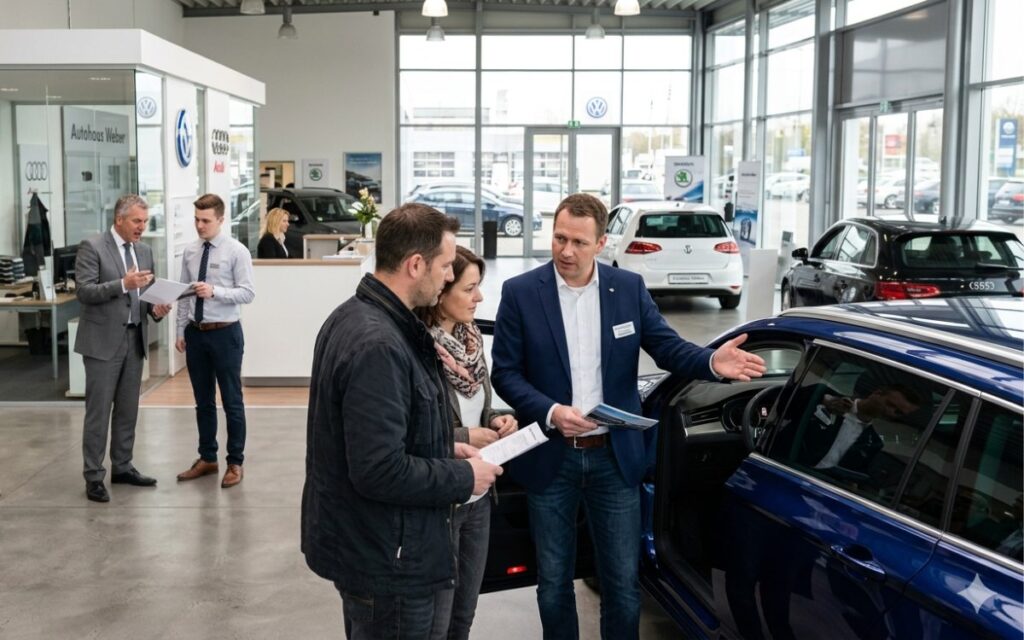 Vergleich mir Network Marketing: Ein Autoverkäufer verkauft ein Auto und erhält dafür eine Provision genau so wie auch der Filialleiter.