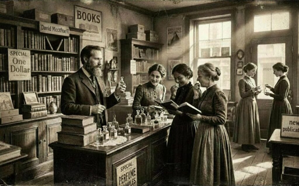 Altes Foto von 1886. Die Network Marketing Entstehung. David McConnell im Buchladen rekrutiert Frauen für sein Businessmodel. (KI generiert)